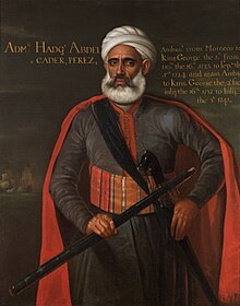 Admiral Abdelkader Perez was sent by Ismail Ibn Sharif as an ambassador to England in 1723. Ambassador Admiral Abelkader Perez 1723 1737.jpg