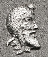 Portrait of King Arbinas, wearing the Achaemenid satrapal cap, from his coinage. Circa 430/20-400 BC Arbinas portrait.jpg