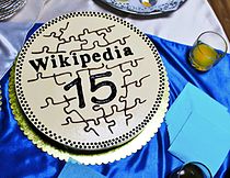 Det bjöds på specialdesignad 15-årstårta och annat i Göteborg den 15 maj. Programmet för firande av svenskspråkiga Wikipedias 15 år kan läsas genom att klicka på bilden.