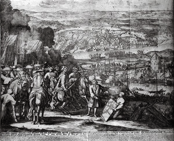 A 17th-century Dutch engraving representing the Battle of Azov (1696)