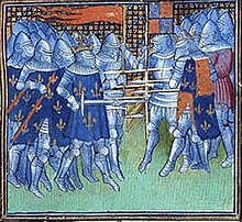 een eigentijds beeld van Franse en Engelse ridders die te voet tegenover elkaar staan