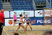 Deutsch: Beachhandball Europameisterschaften 2019 (Beach handball Euro); Tag 5: 6. Juli 2019 – Frauen, Platzierungsspiel für die Ränge 17–20, Nordmazedonien-Slowenien 0:2 (10:13, 9:15) English: Beach handball Euro; Day 5: 6 July 2019 – Placement Match/Cross Match for rank 17–20 Women – North Macedonia-Slovenia 0:2 (10:13, 9:15)