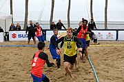 Deutsch: Beachhandball Europameisterschaften 2019 (Beach handball Euro); Tag 5: 6. Juli 2019 – Männer, Platzierungsspiel für die Ränge 5–8, Frankreich-Deutschland 0:2 (18:22, 16:19) English: Beach handball Euro; Day 5: 6 July 2019 – Placement Match/Cross Match for rank 5–8 Men – Frankreich-Deutschland 0:2 (18:22, 16:19)