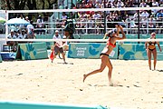 Deutsch: Beachvolleyball bei den Olympischen Jugendspielen 2018; Tag 9, 15. Oktober 2018; Mädchen, Viertelfinale: USA-Spanien 2–1 (21–19/17–21/15–9) English: Beach volleyball at the 2018 Summer Youth Olympics at 15 October 2018 – Girls Quarterfinals: USA-Spain 2–1 (21–19/17–21/15–9)