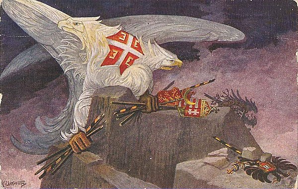 Animated Serbian eagle breaks banners of enemies (Bulgarian, Ottoman and Hungarian in hands, Austrian in corner, German in background)