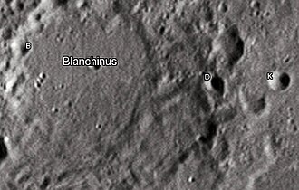 Blanchinus crater and its satellite craters taken from Earth in 2012 at the University of Hertfordshire's Bayfordbury Observatory with the telescopes Meade LX200 14" and Lumenera Skynyx 2-1 Blanchinus lunar crater map.jpg