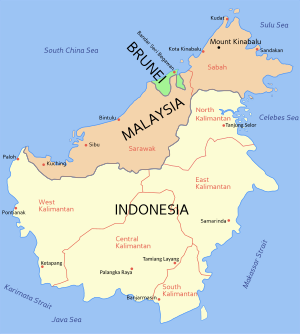 Um mapa de Bornéu mostrando o leste da Malásia e suas principais cidades.  Labuan é a ilha ao largo da costa de Sabah, perto de Kota Kinabalu.