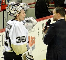 Thiessen is interviewed following his first career NHL win. Brad Thiessen 1st NHL Win 2012-02-26.JPG