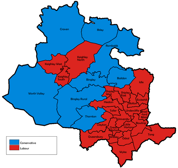 Map of the results for the 1990 Bradford council election.
