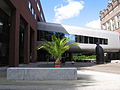 Peace Palace Library with cat scupture. The reading room is located in the silvery tube.