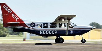 A Civil Air Patrol GA8 Airvan on takeoff from West Houston Airport during a mission following Hurricane Rita in 2005. CAP Gippsland GA8 Airvan at West Houston Airport.jpg