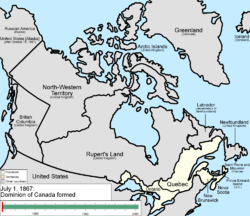 Когда в 1867 году была образована Канада, её провинции представляли собой относительно узкую полосу на юго-востоке с обширными территориями во внутренних районах.  Он вырос за счет добавления Британской Колумбии в 1871 году, PEI в 1873 году, Британских арктических островов в 1880 году и Ньюфаундленда в 1949 году;  тем временем его провинции росли как в размерах, так и в количестве за счет его территорий.