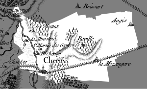 Cherisy sur la carte de Cassini, en 1750, avec les limites actuelles de la commune.