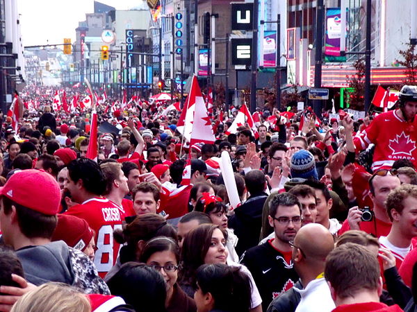 Crowds take to the streets of Vancouver to celebrate Canada's win in the gold medal game