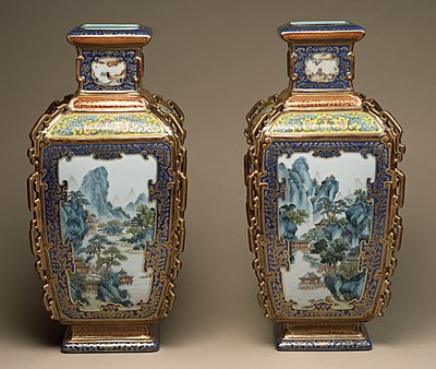 Pair of famille rose vases with landscapes of the four seasons, 1760–1795