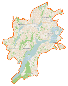 Mapa konturowa gminy Chmielno, po lewej znajduje się owalna plamka nieco zaostrzona i wystająca na lewo w swoim dolnym rogu z opisem „Długie Jezioro”