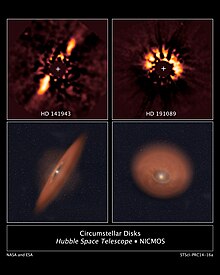 Circumstellar discs HD 141943 and HD 191089.. The bottom images are illustrations of above real images. Circumstellar Disks HD 141943 and HD 191089.jpg