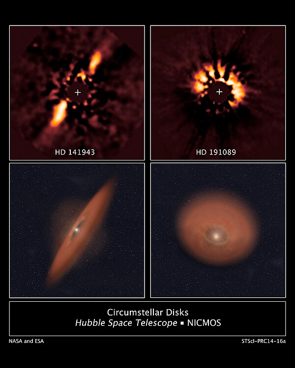 Circumstellar discs HD 141943 and HD 191089.. The bottom images are illustrations of above real images.