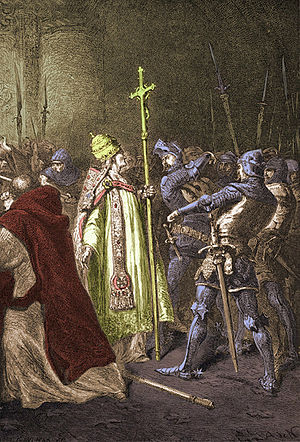 Sciarra Colonna slapping Boniface VIII, illustration by Alphonse-Marie-Adolphe de Neuville, from Francois Guizot's The History of France from the Earliest Times to the Year 1789 (1883). ColonnaSlappingBoniface.jpg