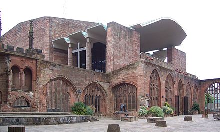 Coventry Cathedral, showing the new building by Arup in the background.