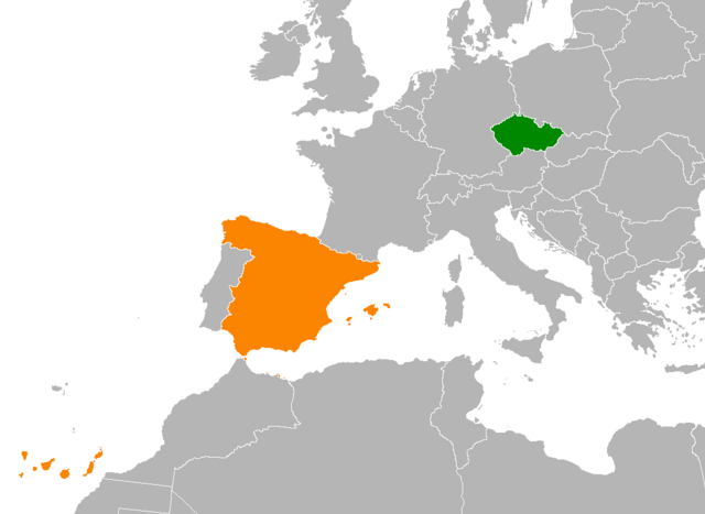 Česko (zelená) a Španělsko (oranžová) na mapě Evropy