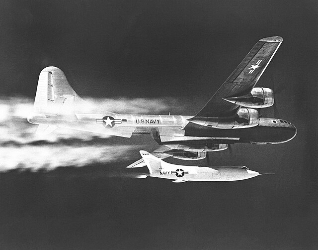 The NACA's Douglas D-558-II Skyrocket being dropped from a B-29 Superfortress.