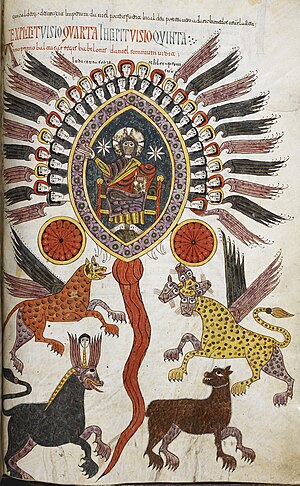 Daniel's vision of the four beasts from the sea and the Ancient of Days - Silos Apocalypse (1109), f.240 - BL Add MS 11695.jpg