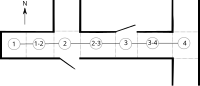 An office environment consisting of two rooms connected by a hallway. A topological map is super-imposed. Dervish example.svg