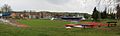 Čeština: Město Domažlice. Fotbalový a atletický stadion TJ Jiskra Domažlice (Palackého čp. 379). Celkový panoramatický pohled ze severovýchodního rohu areálu.