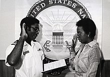 Donna P. Davis is sworn in to the United States Navy in 1975. Donna P. Davis is sworn in.jpg