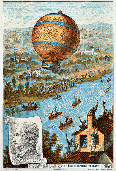 The first untethered balloon flight, by Rozier and the Marquis d'Arlandes on 21 November 1783.