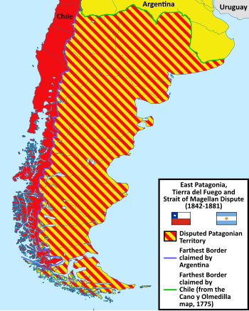 Map of the Dispute of Eastern Patagonia, Tierra del Fuego and the Strait of Magellan between Argentina and Chile (1842-1881). East Patagonia, Tierra del Fuego and Strait of Magellan Dispute between Argentina & Chile (1842-1881).svg