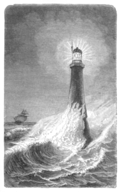 An engraving of the Smalls Lighthouse in a storm Engraving of Smalls Lighthouse near Pembrokeshire, Wales being struck by a wave during a storm.png