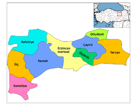 Mapa dos distritos da província de Erzincan
