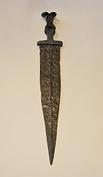 A Celtiberian gladius hispaniensis, used by Hannibal's mercenaries and adopted by the Romans. Espada celtibera de antenas de la Necropolis de de La Requijada de Gormaz - M.A.N.jpg