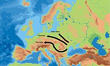 IE migrations north and south of the Carpathian Mountains, and the subsequent development of Celtic, Germanic, and Balto-Slavic, according to Anthony (2007) European IE-migrations.jpeg