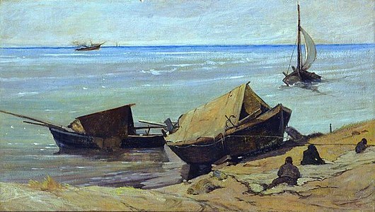 135 Beach with net repairers and boats label QS:Len,"Beach with net repairers and boats" 1865