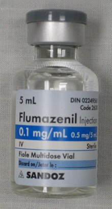 Flumazenil is a benzodiazepine antagonist that can reverse the effects of benzodiazepines, although its use following benzodiazepine overdose is controversial. Flumazenil1.JPG