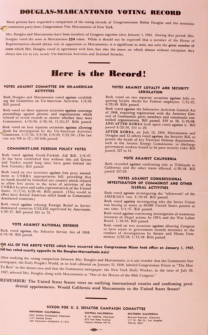 pink piece of paper headed "Douglas-Marcantonio Voting Record"