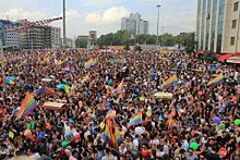 Istanbul Pride was organized in 2003 for the first time. Since 2015, parades in Istanbul have been denied permission by the government. Gay pride Istanbul 2013 - Taksim Square.jpg