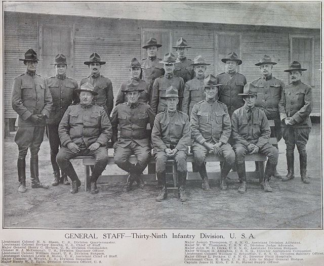 Major General Henry C. Hodges Jr., seated in the front row, third from the left, together with members of the staff of his 39th Division, 1918.