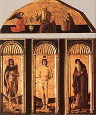 Maleri.  Nedenfor tre hellige.  Ovenfor flankerede Gud af englen og Maria