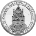 Kanada nagypecsétje (Great Seal of Canada), a trónon ülő II. Erzsébet és az ország címerének ábrázolásával.
