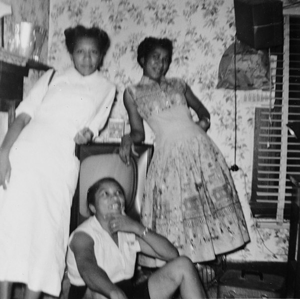 File:Group of lady friends pose by a television inside a home on South Street, Raleigh, NC, 1957. L-R- Mary Eliza GREEN, Jeanette Brown Adams FERGUSON, and Delois Marie JOHNSON. Mary Eliza worked at St. (26454522962).jpg