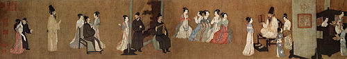 A long, landscape-oriented scroll segment depicting twenty-two people, both men and women, in elegant garb at a party. Near the center of the scroll five women in light colored robes play flutes while a man in a black outfit plays a wooden instrument composed of a stick and a triangular block. At the far right of the scroll is an area with two men and two women behind a curtain wall, staring off canvas.
