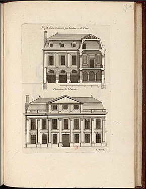 Elevation of the courtyard façade with a transverse section of the corps de logis (above) and elevation of the street façade (below)