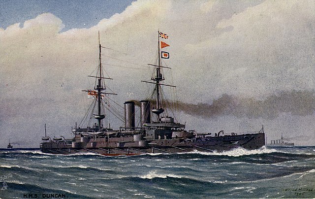 A 1905 postcard depicting HMS Duncan, painting by William Frederick Mitchell