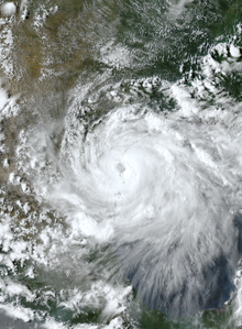 A satellite image of Hurricane Hanna near the Gulf of Mexico Coast of Texas on July 25, 2020.