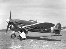 A Hawker Typhoon of No. 56 Squadron RAF, painted with recognition stripes under the wings (April 1943) Hawker Typhoon MkIB.jpg