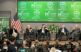MSNBC's Nicolle Wallace interviewing James Clapper, Mike Rogers, Philip Mudd, and Michael Hayden at the Hayden Center Hayden Center with Clapper.jpg
